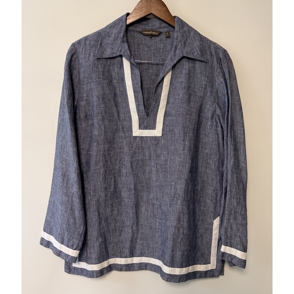 Tommy Bahama 100% Linen Shirt Resort Costal Medium Classic nautical Blue White
